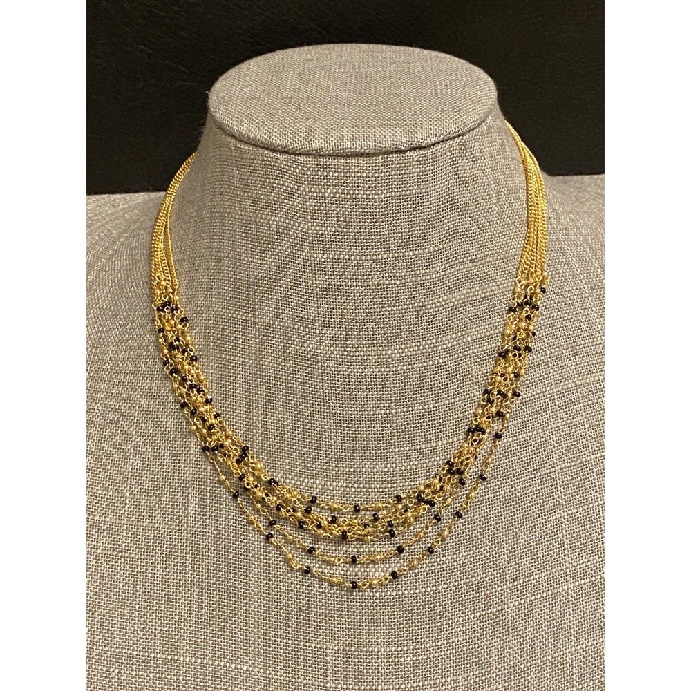 Gold Tone Necklace Multi Chain Faceted Delicate Mini Black Beads 16" Choker New